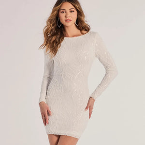 Brea Sequin Beaded Long Sleeve Cowl Back Mini Dress