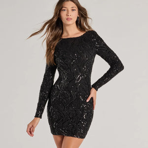Brea Sequin Beaded Long Sleeve Cowl Back Mini Dress