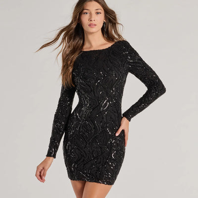 Brea Sequin Beaded Long Sleeve Cowl Back Mini Dress