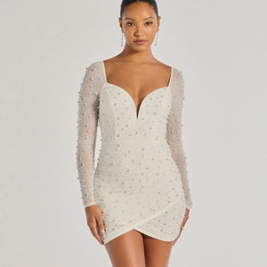 Emma Faux Pearl Beaded Long Sleeve Bodycon Dress