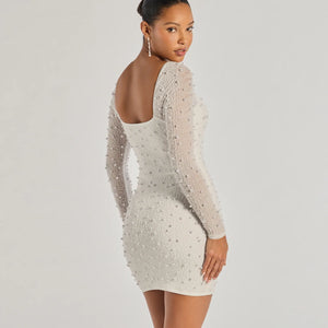 Emma Faux Pearl Beaded Long Sleeve Bodycon Dress