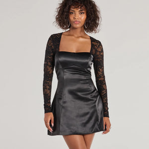 Liora Lace Sleeve Satin A-Line Mini Dress