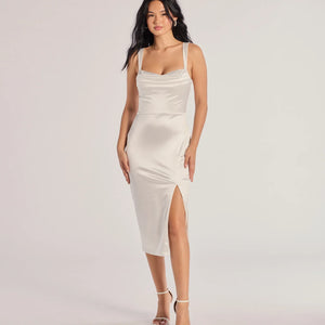 Laina High Slit Satin Midi Dress