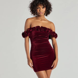 Dominique Floral Velvet Off The Shoulder Mini Dress