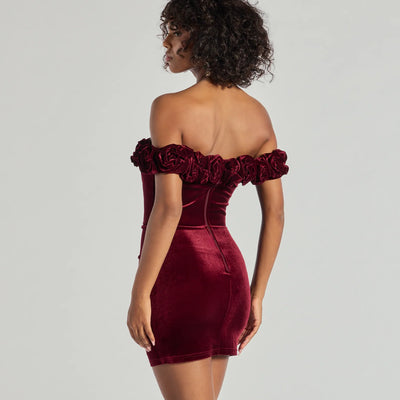 Dominique Floral Velvet Off The Shoulder Mini Dress