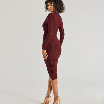 Rhea Long Sleeve Wrap Glitter Midi Dress