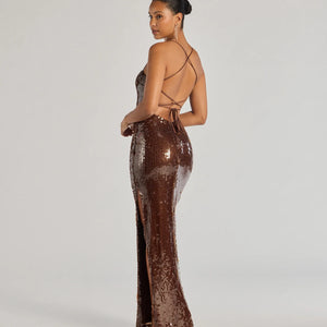 Naya Lace-Up High Slit Sequin Formal Dress