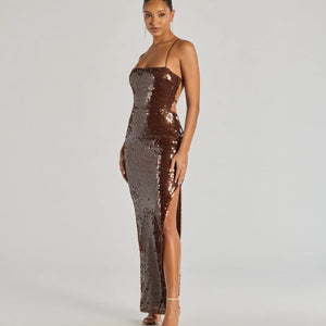 Naya Lace-Up High Slit Sequin Formal Dress