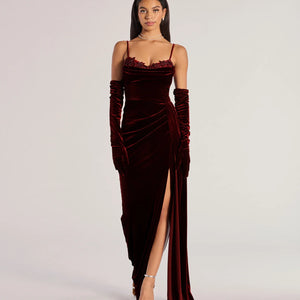 Inez Beaded Applique Velvet Formal Dress With Gloves