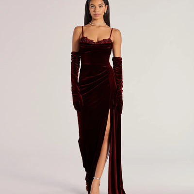 Inez Beaded Applique Velvet Formal Dress With Gloves