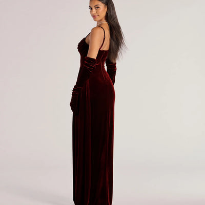 Inez Beaded Applique Velvet Formal Dress With Gloves