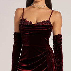 Inez Beaded Applique Velvet Formal Dress With Gloves