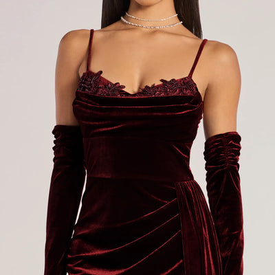 Inez Beaded Applique Velvet Formal Dress With Gloves