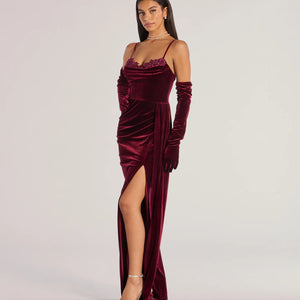Inez Beaded Applique Velvet Formal Dress With Gloves