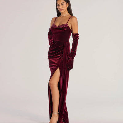 Inez Beaded Applique Velvet Formal Dress With Gloves