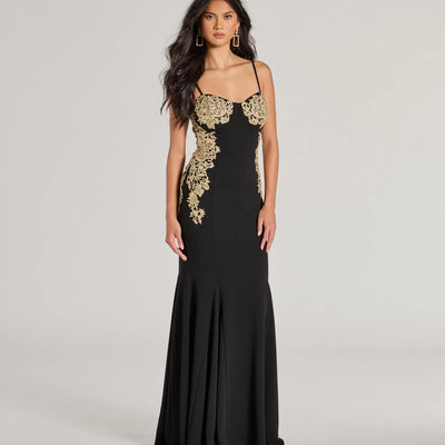 Susan Sweetheart Applique Crepe Mermaid Formal Dress