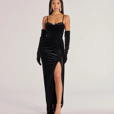 Inez Beaded Applique Velvet Formal Dress With Gloves