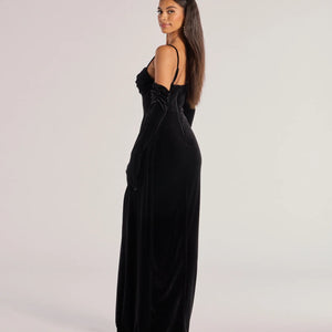 Inez Beaded Applique Velvet Formal Dress With Gloves