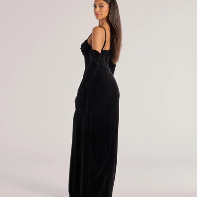 Inez Beaded Applique Velvet Formal Dress With Gloves