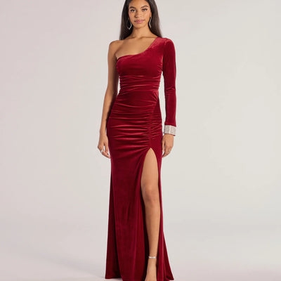 Lyra Velvet One-Shoulder Rhinestone Cuff Mermaid Dress
