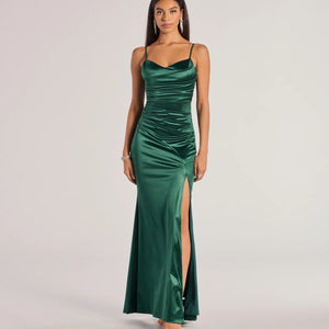Kamari Satin Pleated High Slit Mermaid Dress