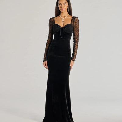 Jaya Long Sleeve Lace And Velvet Mermaid Dress