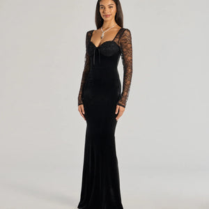 Jaya Long Sleeve Lace And Velvet Mermaid Dress