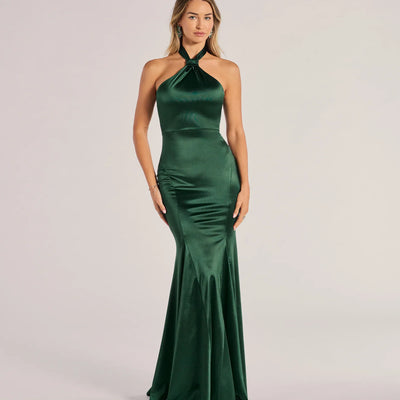 Hallie Satin Sleeveless Halter Mermaid Dress