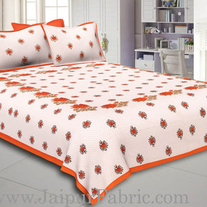 Dotted White Base Orange Lotus Flower Print Cotton Double Bed Sheet