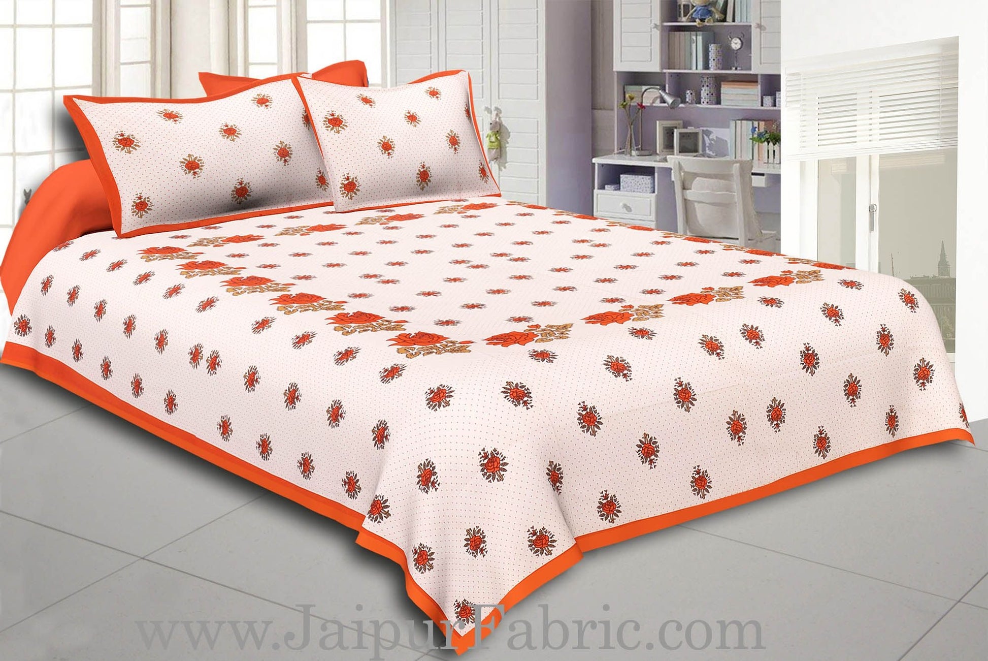 Dotted White Base Orange Lotus Flower Print Cotton Double Bed Sheet