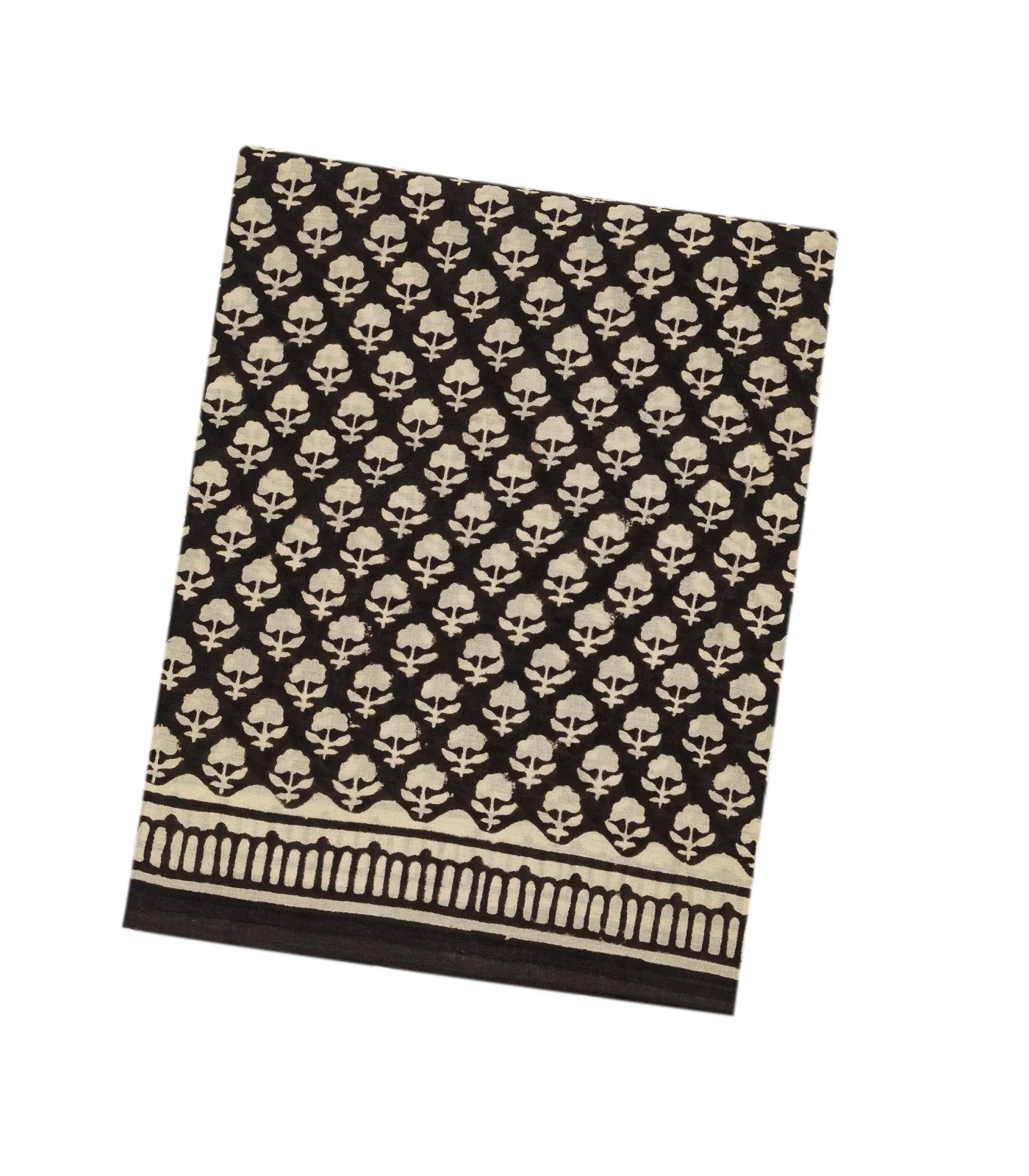 Black Woven Jaipur Cotton Saree With Cream Printed Floral Motifs