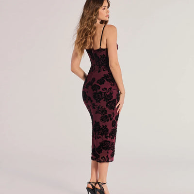Bold Romance Sleeveless Flocked Velvet Corset Midi Dress