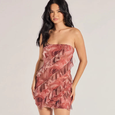 Blooming Floral Print Ruffled Mesh Mini Dress