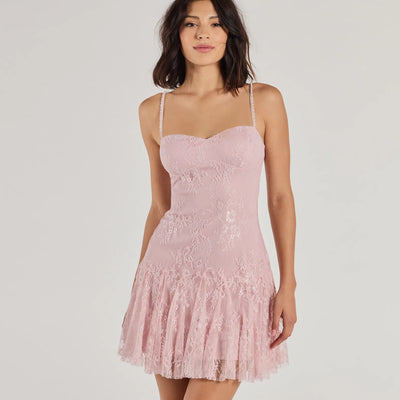 Sweet Glamour Beaded Strap Lace Mini Dress