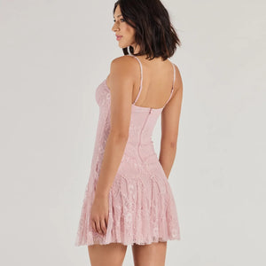 Sweet Glamour Beaded Strap Lace Mini Dress