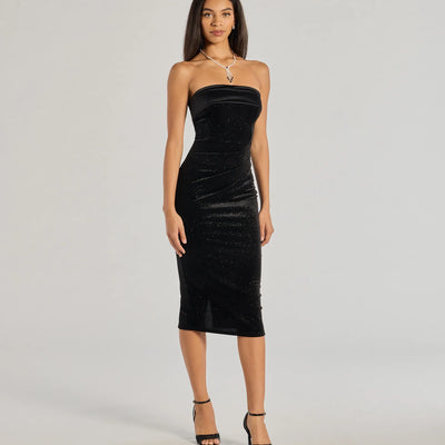 Sparkly Beauty Glitter Velvet Strapless Midi Dress
