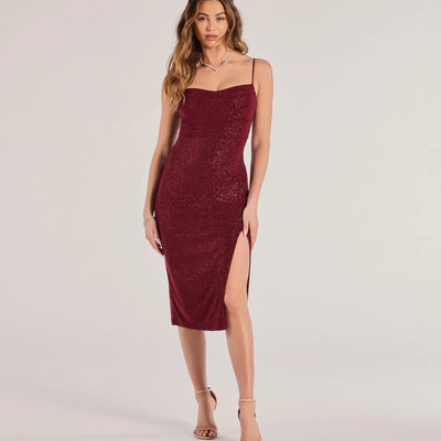 Glam Radiance High-Slit Glitter Midi Dress