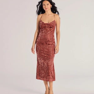 Charming Muse Open Back Flocked Velvet Midi Dress