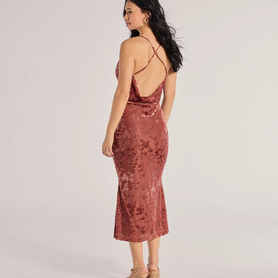Charming Muse Open Back Flocked Velvet Midi Dress