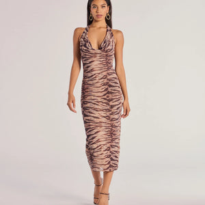 Sultry And Sassy Zebra Print Halter Midi Dress