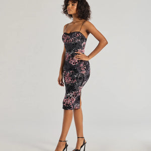 Flawless Look Flocked Floral Mesh Bodycon Midi Dress
