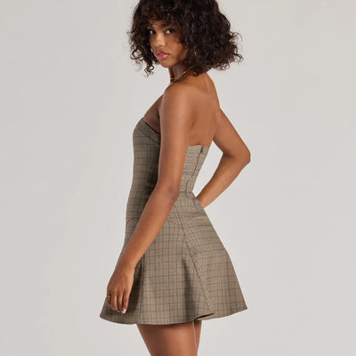 Adorable Look Plaid Print Strapless Skater Dress