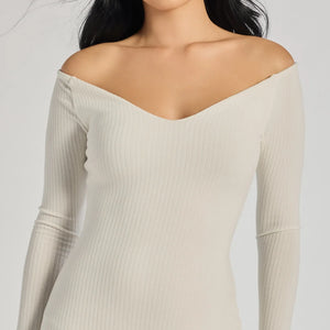 Sleek Vibes Off The Shoulder Knit Midi Dress