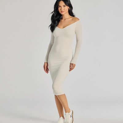 Sleek Vibes Off The Shoulder Knit Midi Dress