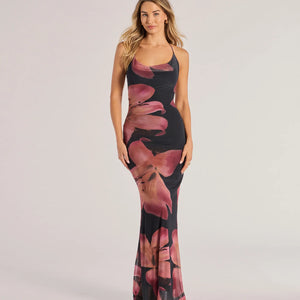 Pretty Blooms Floral Mesh Halter Maxi Dress