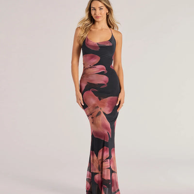 Pretty Blooms Floral Mesh Halter Maxi Dress