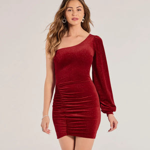 Luxe Alluring Glitter Velvet One-Shoulder Mini Dress