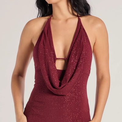 Glam Factor Glitter Knit Cowl Neck Mini Dress