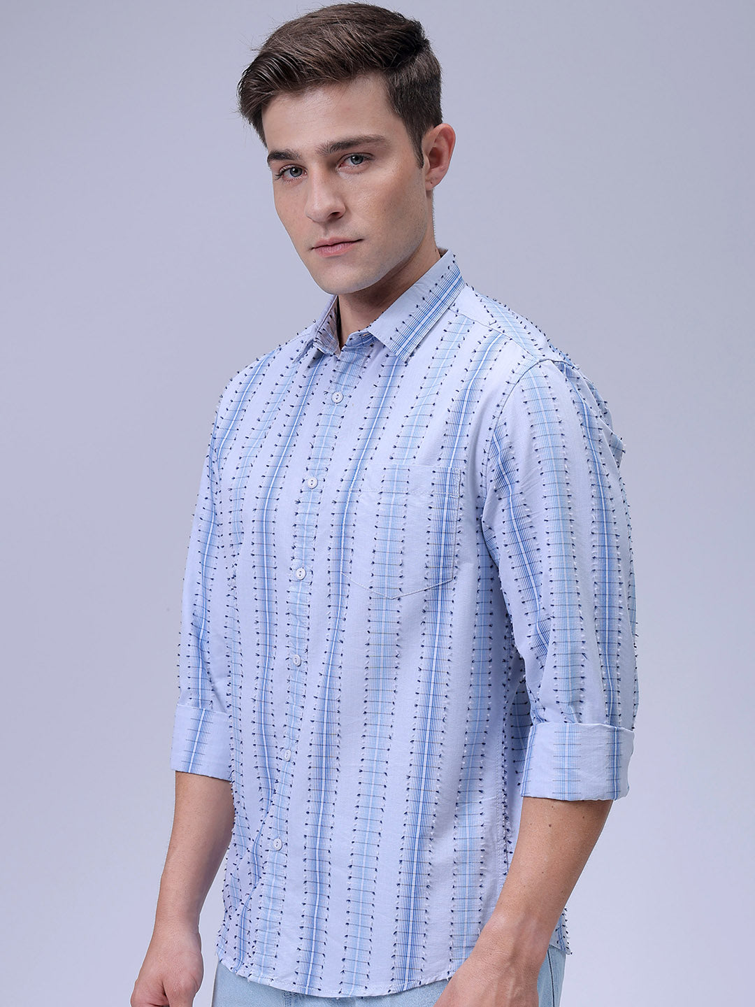 Men's Grey Slim Fit Dobby Textured Casual Shirt
