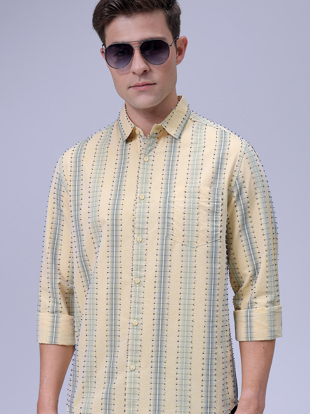 Men's Yellow Slim Fit Dobby Textured Casual Shirt